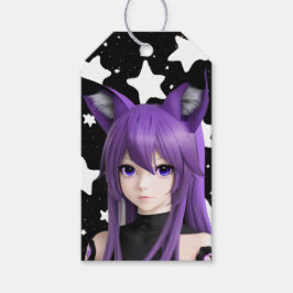 Lila Anime Girl with Fox Ear Headband Birthday Presentetikett