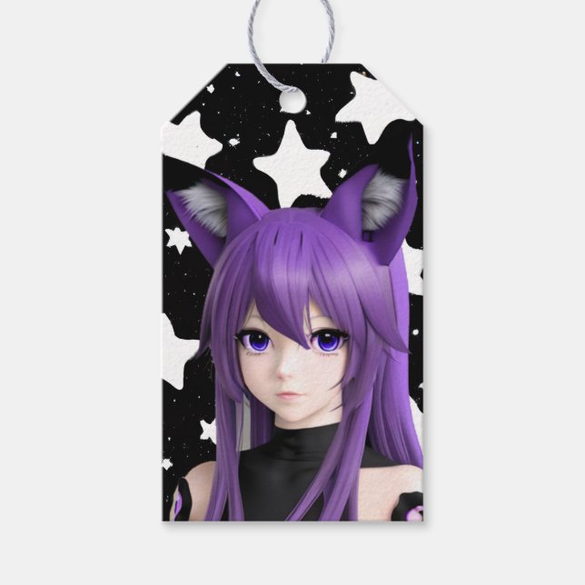 Lila Anime Girl with Fox Ear Headband Birthday Presentetikett (Framsidan)