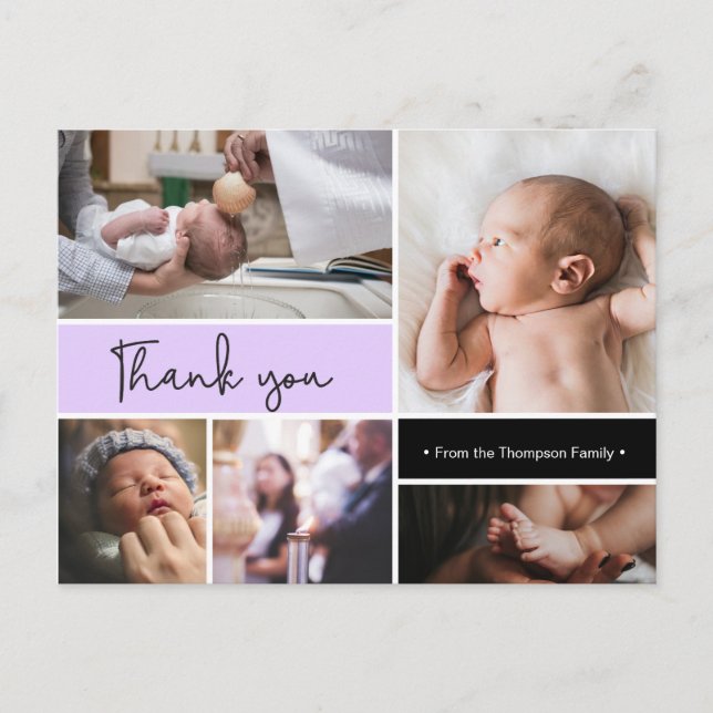 Lila Anpassningsbar Baby Baptism Tack för fotokoll Vykort (Framsida)