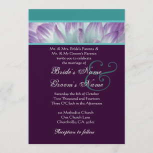 Lila Aqua Blue Dahlia Petals Bröllop Metallic v2 Inbjudningar
