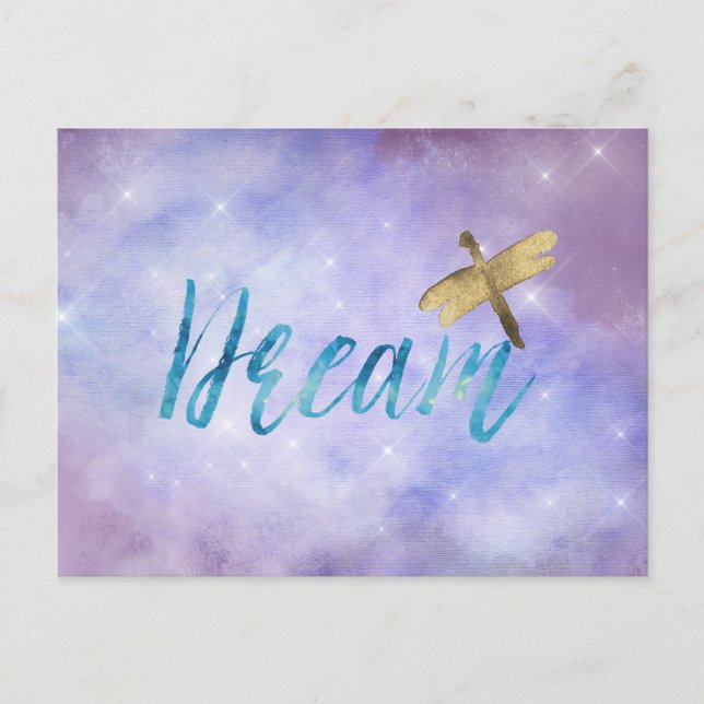 Lila Aqua Dream Guld Dragonfly Vykort (Framsida)