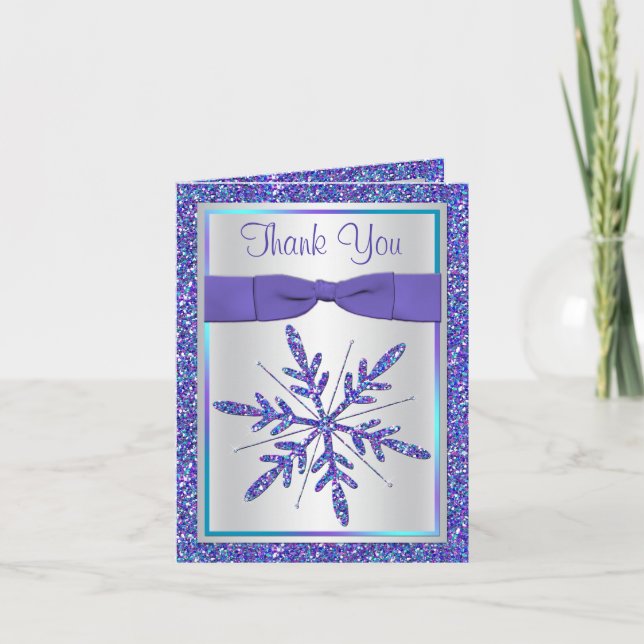 Lila Aqua Glitter Snöflinga Foto Tackkort (Framsida)