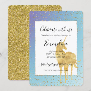 Lila Aqua Guld Unicorn Glitter Gnistra Inbjudningar