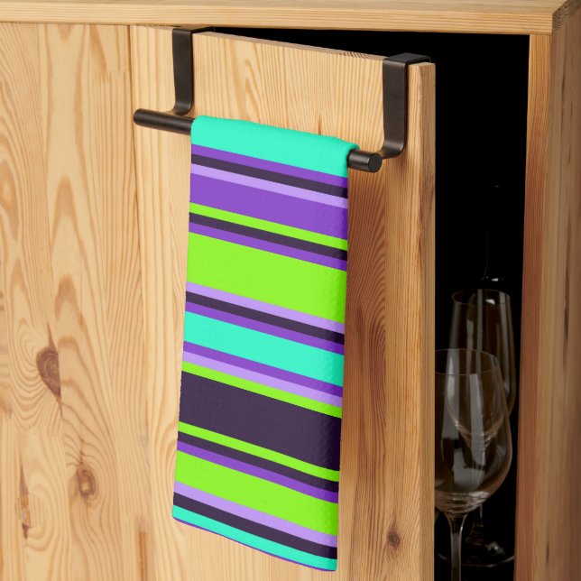 Lila, Aqua och Chartreuse Stripe Kitchen Towel Kökshandduk (Thirds Fold)