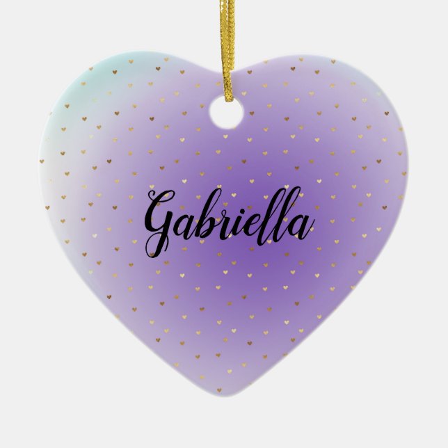 Lila Aqua Ombre Guld Hearts Julgransprydnad Keramik (Framsidan)