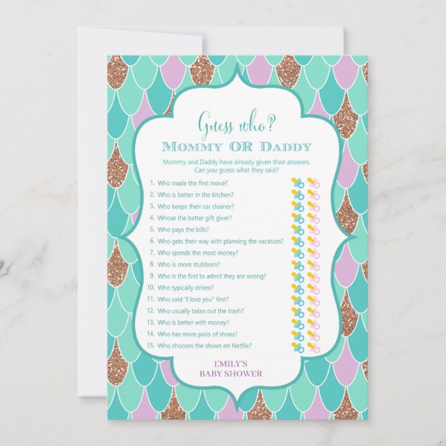 Lila Aqua Sjöjungfru Baby Shower-spelinbjudan Inbjudningar (Framsida)