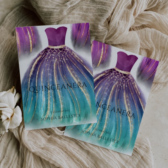 Lila Aqua Teal Ombre Sjöjungfru Dress Quinceanera Inbjudningar (Skapare uppladdad)