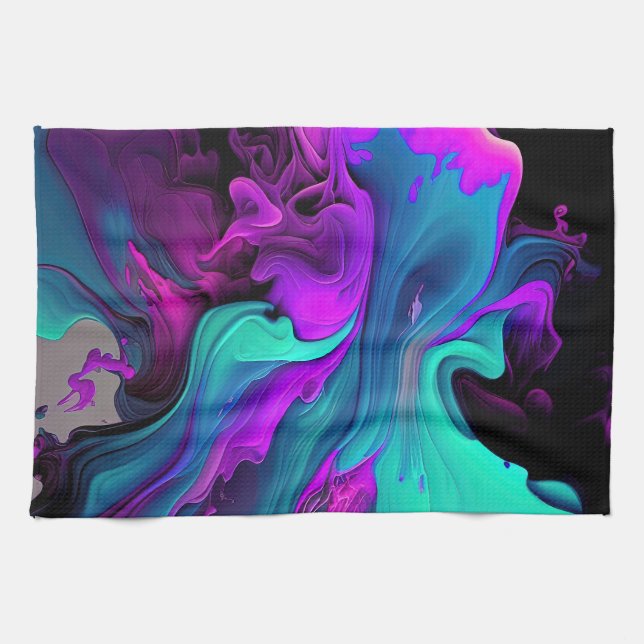 Lila Aqua Turquise Vacker Abstrakt Fluid Art Kökshandduk (Horisontell)
