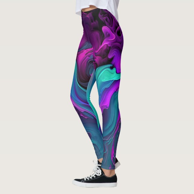Lila Aqua Turquise Vacker Abstrakt Fluid Art Leggings (Vänster)