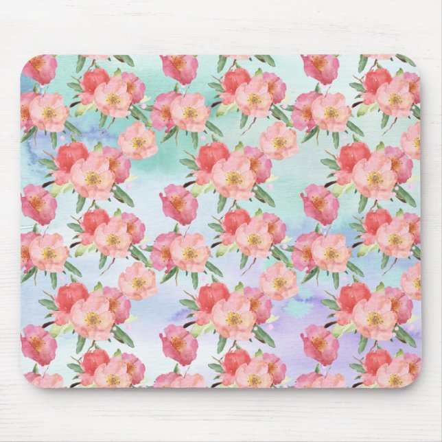 Lila Aqua Watercolor Rosa Blommigt Musmatta (Framsidan)