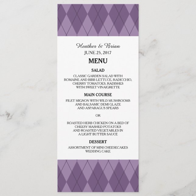 Lila Argyle Bröllop Menu Meny (Framsida)