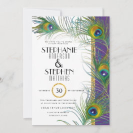 Lila Art Deco Peacock Feathers Modern Typografi Inbjudningar