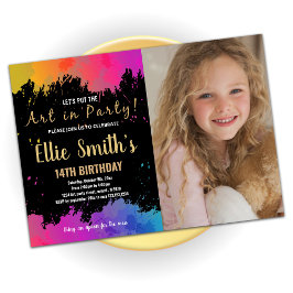 Lila Art i Party Paint Birthday med foto Inbjudningar