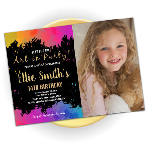 Lila Art i Party Paint Birthday med foto Inbjudningar