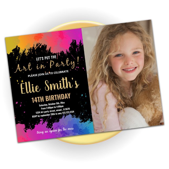 Lila Art i Party Paint Birthday med foto Inbjudningar (Skapare uppladdad)