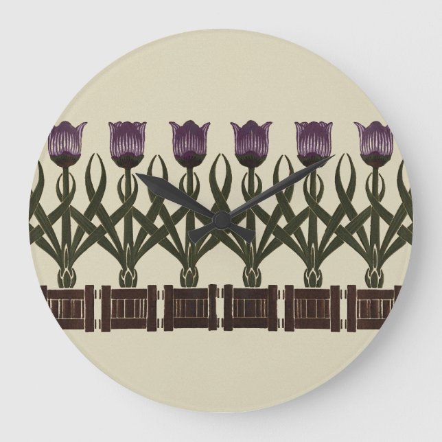 Lila Art nouveau Tulips Stor Klocka (Framsida)