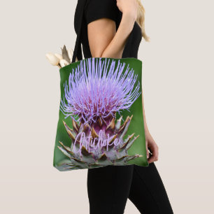 Lila Artichoke Thistle Head Blommigt Tygkasse