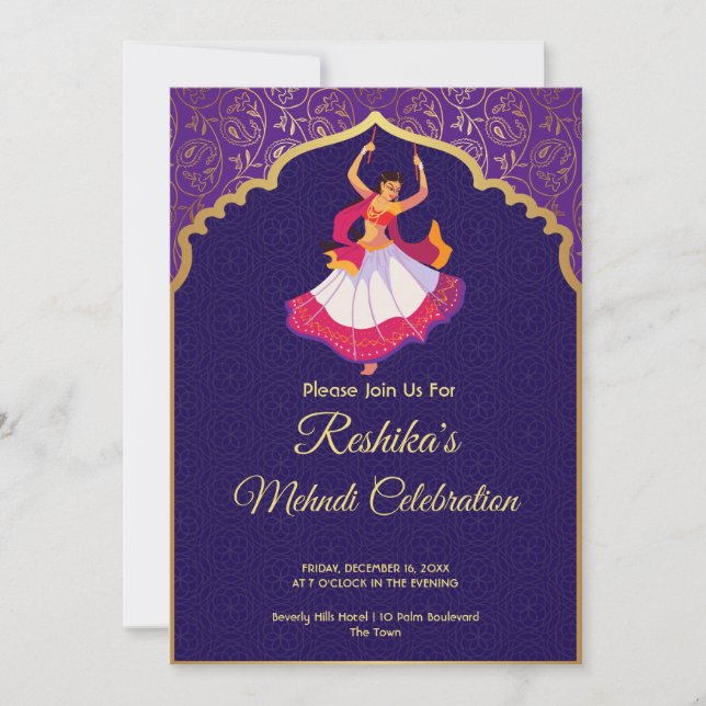 Lila Asian Arabian golden mönster gräns Mehndi Julkort (Framsida)