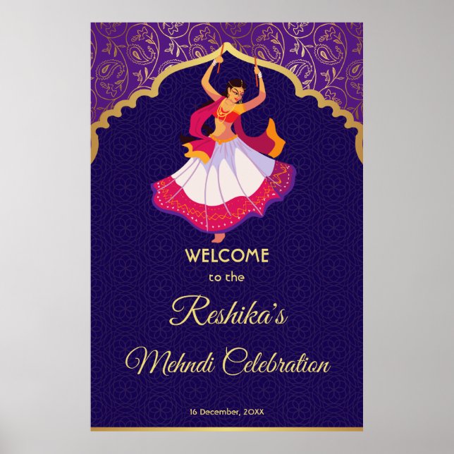 Lila Asian Arabian golden mönster gräns Mehndi Poster (Framsidan)