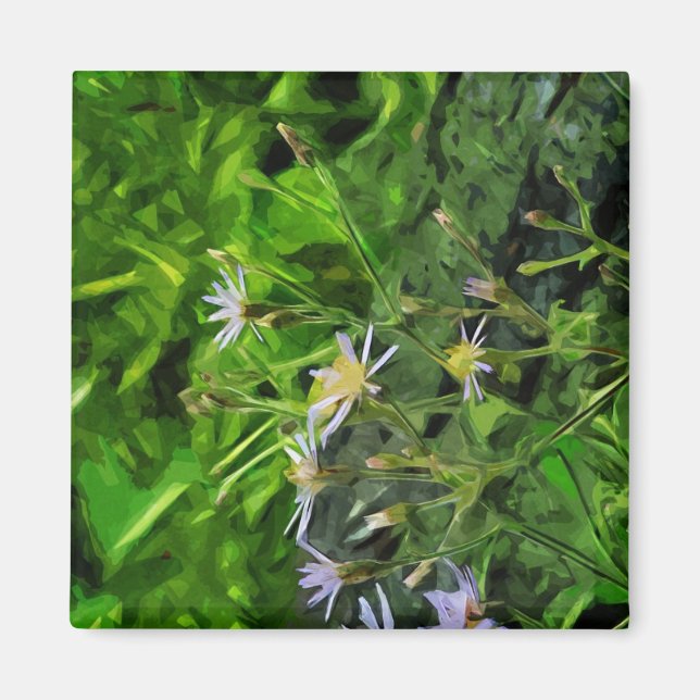 Lila Aster bland bränd Träd Abstrakt Magnet (Framsidan)