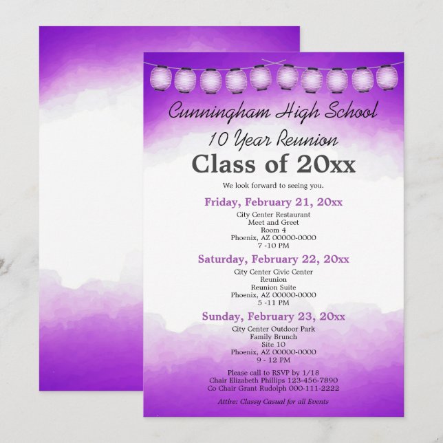 Lila Återföreningsmall för vattenfärgsklass Inbjudningar (Fram/baksida)