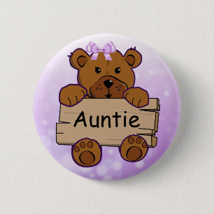 Lila Auntie Nalle Baby Shower Knapp