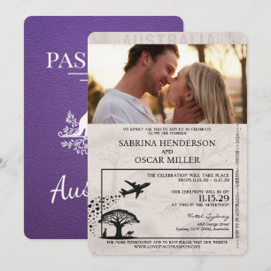 Lila Australia Passport Bröllop Inbjudningar