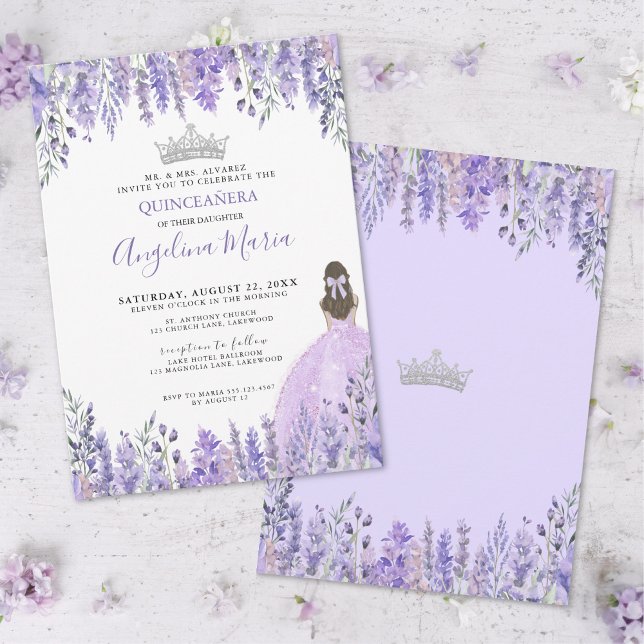 Lila av  av vattenfärgen Quinceanera-inbjudan för  Inbjudningar (Watercolor Floral Purple Quinceanera Invitation)