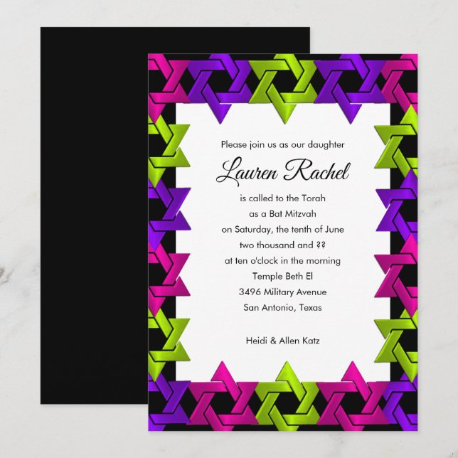 Lila av bat mitzvah Rosa Grönt  Star på alla Färg Inbjudningar (Fram/baksida)