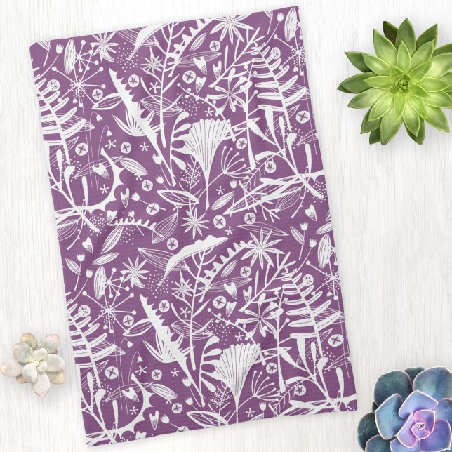 Lila av botanisk Blommigt Kökshandduk (Purple botanical floral art kitchen tea towel)