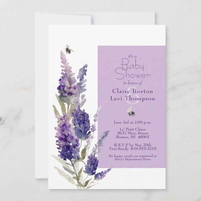 Lila av botaniska lavender-Blommigten för babyskor Inbjudningar (Framsida)
