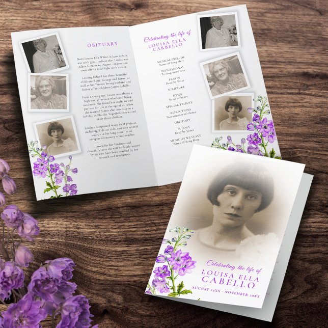 Lila av delphinium-foton för begravningsprogram program (Skapare uppladdad)