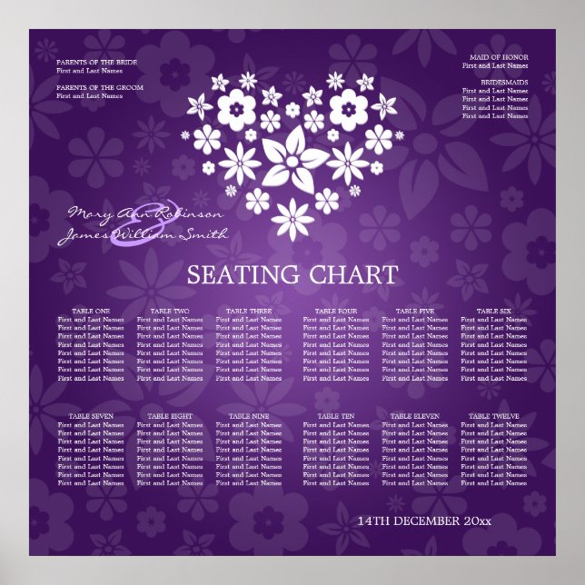 Lila av elegant bröllop-sätesdiagram Flowery Heart Poster (Framsidan)