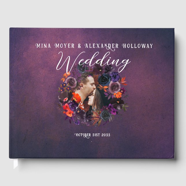 Lila av elegant gotiic Mörk Blommigt Photo Bröllop Gästböcker (Framsida)