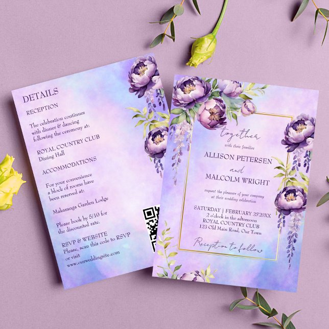 lila av elegant i en bröllop-mall inbjudningar (Elegant purple flowers wedding editable template invitation digital download lilac peonies wisteria )
