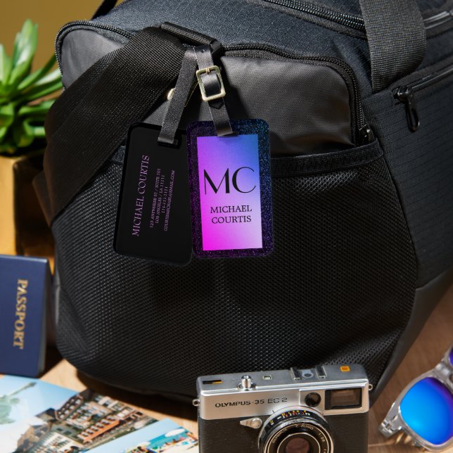Lila av elegant och svart metall, monogrammed Namn Bagagebricka (Fram & Baksida)