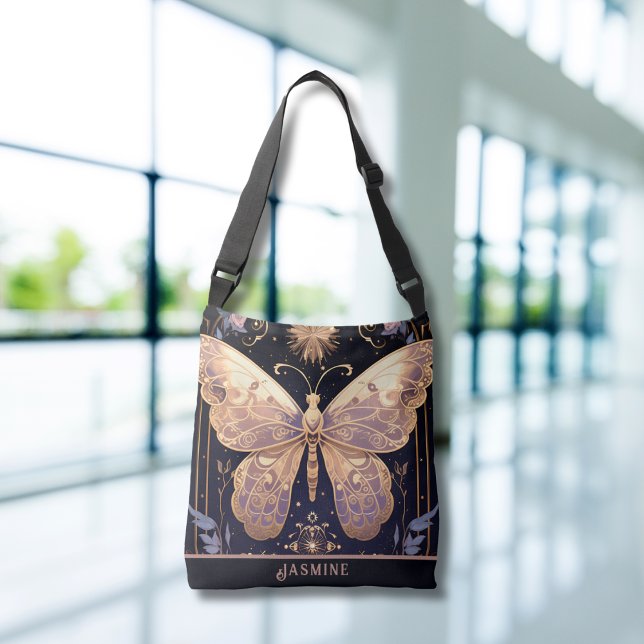 Lila av fjäril Älskare Blommigt  Rosa Axelväska (Butterfly Lover Floral Purple Pink Crossbody Tote Bag)