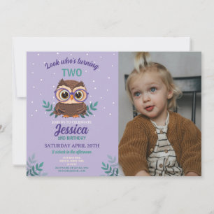 Lila av foto av uggla-fågeldagshögar (Girls Hoot G Inbjudningar