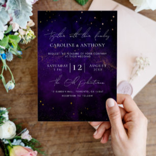 Lila av foto Mörk Watercolor Magic Guld Bröllop Inbjudningar