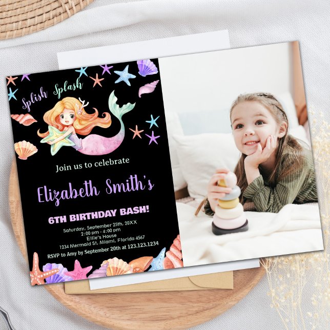 Lila av foto-Rosa under Sjöjungfrun Havets födelse Inbjudningar (Photo Pink Purple Under the sea Mermaid Birthday Invitation)