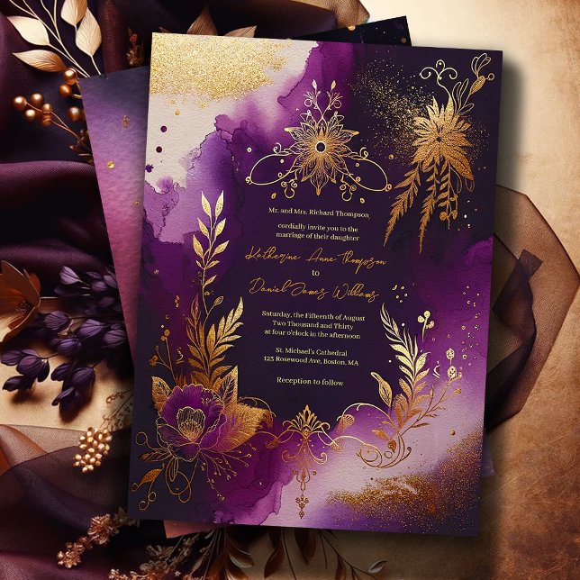 Lila av glitter vatten och Guld Blommigt Bröllop Inbjudningar (Skapare uppladdad)
