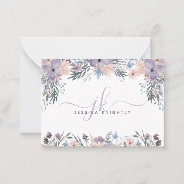 Lila av Initialer-Blommigten för skriptmonogram, W Anteckningskort (Framsida)