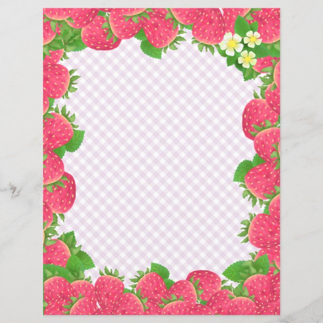 Lila av jordgubbar Gingham Stationery Papper (Framsida)