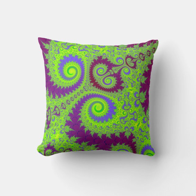 Lila av Mörk Magenta och grönt korgsfractal Spiral Kudde (Framsida)