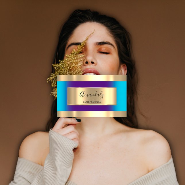 Lila av Professionellen i guld, havets blå, modern Visitkort (Gold Framed Professional Purple Ocean Blue Modern Business Card)
