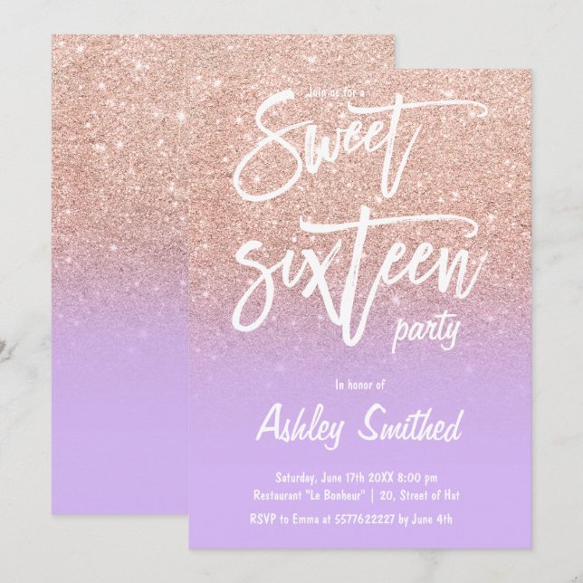lila av typografi av ro guld glitter, svett 16 inbjudningar (Fram/baksida)