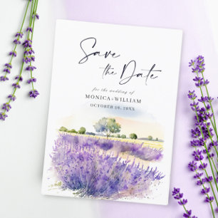 Lila av vattenfärg Lavender Flowers Fält Bröllop Spara Datumet