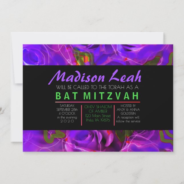 LILA AV VATTENFÄRG RO NEON Bat mitzvah Inbjudningar (Framsida)