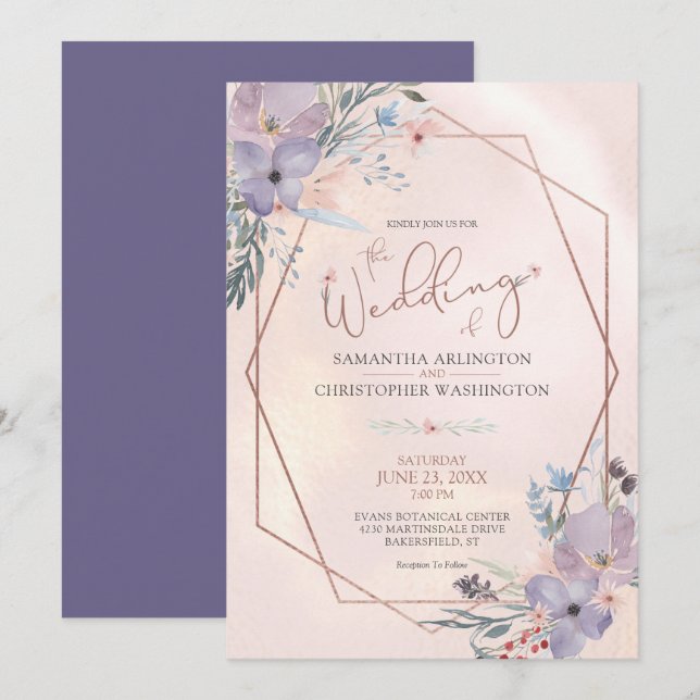 Lila av vattenfärgen Blommigt Copper Ro Guld Bröll Inbjudningar (Fram/baksida)