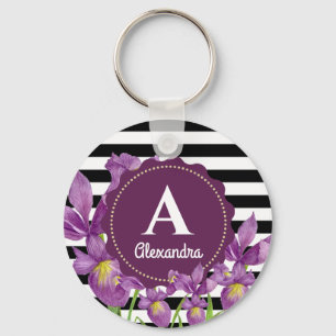 Lila av vattenfärgen Iris Blommigt Black White Ran Nyckelring